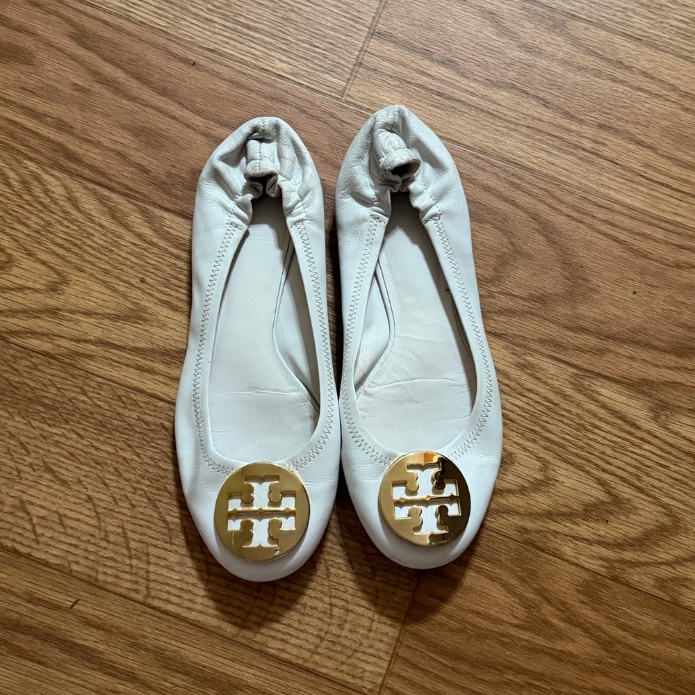 Tory Burch Cream Flats with Gold Logo